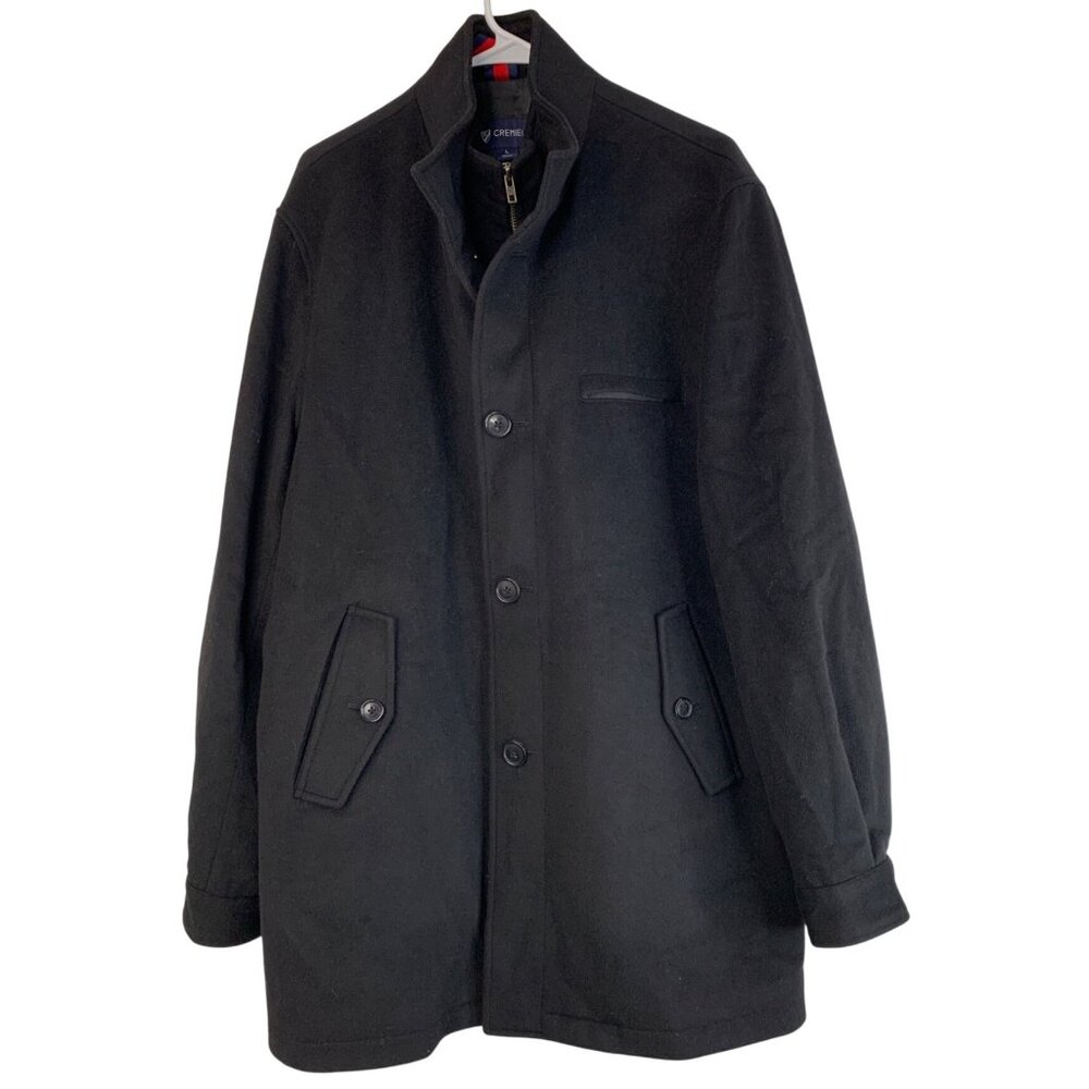 Cremieux Mens Black Wool Luxury Pea Coat Size L 38 Zip Button Winter EUC